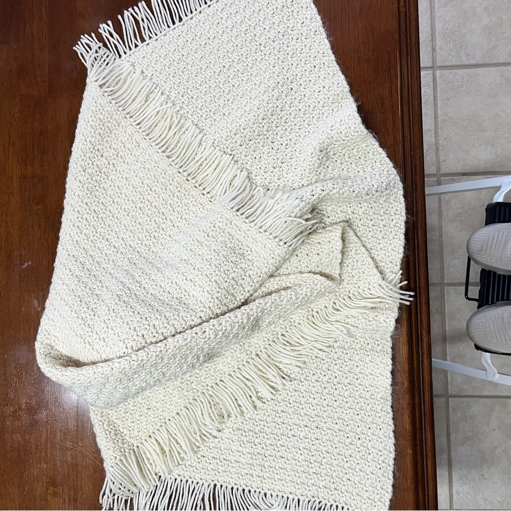 Vintage Handmade crocheted cozy tight knit blanket baby 36x36 ivory